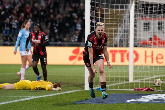 23.02.2026, xhfmx, Fussball Google Pixel Frauen-Bundesliga, Eintracht Frankfurt - SC Freiburg Laura Freigang (Eintracht Frankfurt Frauen) bejubelt Ihren Treffer zum 1:0 gegen Freiburg. Tor, Goal, Jubel, Celebration (DFL DFB REGULATIONS PROHIBIT ANY USE OF PHOTOGRAPHS as IMAGE SEQUENCES and or QUASI-VIDEO) Frankfurt am Main