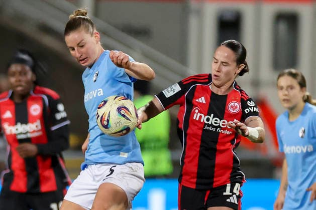 Julia Stierli (SC Freiburg) und Geraldine Reuteler (Eintracht Frankfurt) kaempfen um den Ball, Google Pixel Frauen-Bundesliga, Eintracht Frankfurt v SC Freiburg, Stadion am Brentanobad am 23. February 2026 in Frankfurt, Deutschland. (Foto von Marco Steinbrenner DeFodi Images) Julia Stierli (SC Freiburg) und Geraldine Reuteler (Eintracht Frankfurt) battle for the ball, Google Pixel Frauen-Bundesliga, Eintracht Frankfurt v SC Freiburg, Stadion am Brentanobad, February 23, 2026 in Frankfurt, Germany. (Photo by Marco Steinbrenner DeFodi Images) DFB DFL REGULATIONS PROHIBIT ANY USE OF PHOTOGRAPHS AS IMAGE SEQUENCES AND OR QUASI-VIDEO. -
