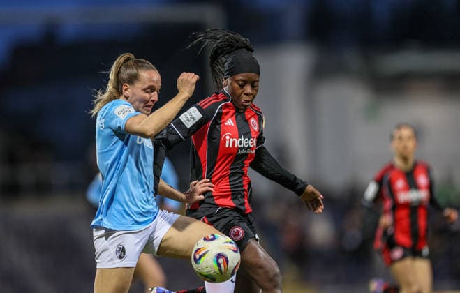 GER, Frankfurt, Eintracht Frankfurt vs SC Freiburg, Google Pixel Bundesliga, Fussball, DFB, Spielzeit 2025 2026, Stadion am Brentanobad, 19. Spieltag im Bild v.l.: Lisa Karl (SC Freiburg Frauen 2), Nicole Anyomi (Eintracht Frankfurt Frauen 19), Zweikampf DFB DFL REGULATIONS PROHIBIT ANY USE OF PHOTOGRAPHS AS IMAGE SEQUENCES AND OR QUASI-VIDEO, 23.02.2026 Copyright: HMBxMedia HendrikxHamelau