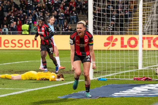 Deutschland: Fussball Google Pixel Frauen-Bundesliga 2025 2026 - Eintracht Frankfurt vs SC Freiburg - 19. Spieltag - Am Brentanobad-Stadion (Frankfurt): Tor zum 1-0 durch Laura Freigang (Eintracht Frankfurt,10) Freude, Jubel, Torjubel Copyright: xOrhanxHabashx
