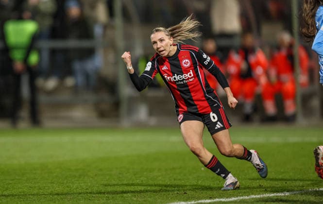 GER, Frankfurt, Eintracht Frankfurt vs SC Freiburg, Google Pixel Bundesliga, Fussball, DFB, Spielzeit 2025 2026, Stadion am Brentanobad, 19. Spieltag im Bild: Elisa Senß (Eintracht Frankfurt Frauen 6) erzielt das 2:0, Tor, Jubel und Freude, Emotionen DFB DFL REGULATIONS PROHIBIT ANY USE OF PHOTOGRAPHS AS IMAGE SEQUENCES AND OR QUASI-VIDEO, 23.02.2026 Copyright: HMBxMedia HendrikxHamelau