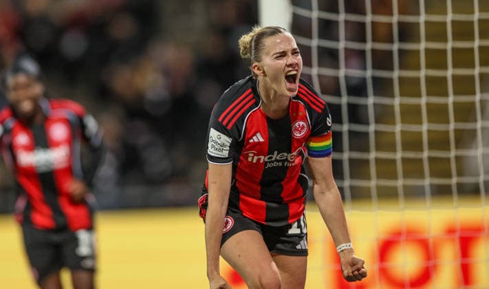 GER, Frankfurt, Eintracht Frankfurt vs SC Freiburg, Google Pixel Bundesliga, Fussball, DFB, Spielzeit 2025 2026, Stadion am Brentanobad, 19. Spieltag im Bild: Laura Freigang (Eintracht Frankfurt Frauen 10), Tor, Jubel und Freude, Emotionen DFB DFL REGULATIONS PROHIBIT ANY USE OF PHOTOGRAPHS AS IMAGE SEQUENCES AND OR QUASI-VIDEO, 23.02.2026 Copyright: HMBxMedia HendrikxHamelau
