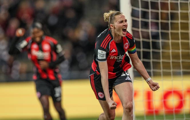 GER, Frankfurt, Eintracht Frankfurt vs SC Freiburg, Google Pixel Bundesliga, Fussball, DFB, Spielzeit 2025 2026, Stadion am Brentanobad, 19. Spieltag im Bild: Laura Freigang (Eintracht Frankfurt Frauen 10), 1:0, Tor, Jubel und Freude, Emotionen DFB DFL REGULATIONS PROHIBIT ANY USE OF PHOTOGRAPHS AS IMAGE SEQUENCES AND OR QUASI-VIDEO, 23.02.2026 Copyright: HMBxMedia HendrikxHamelau