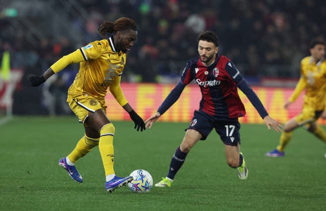 Udinese™s Jordan Zemura fight for the ball with Bologna™s Joao Mario during the Serie A soccer match between Bologna and Udinese at the Renato Dall™Ara Stadium in Bologna -Monday, February 23, 2026. - Soccer .  Copyright: xGiannixSantandrea LaPressex