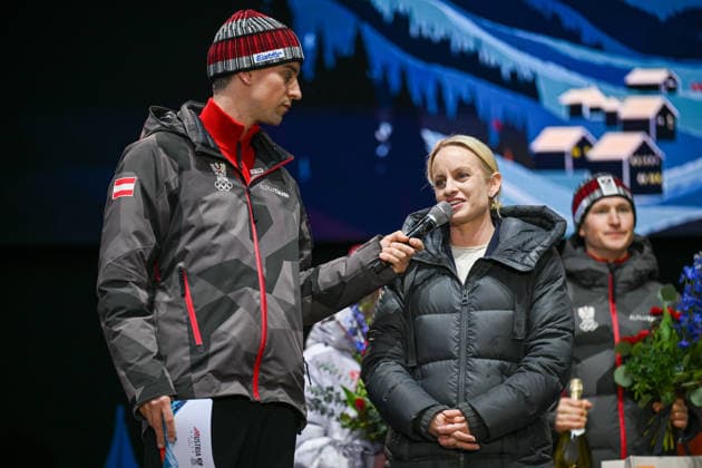 OLYMPICS - Winter Olympic Games, Olympische Spiele, Olympia, OS Milano Cortina 2026 INNSBRUCK,AUSTRIA,23.FEB.26 - OLYMPICS - Winter Olympic Games Milano Cortina 2026, Olympic Team Austria, medal celebration. Image shows secretary of state Michaela Schmidt.  GEPAxpictures xDanielxSchoenherr
