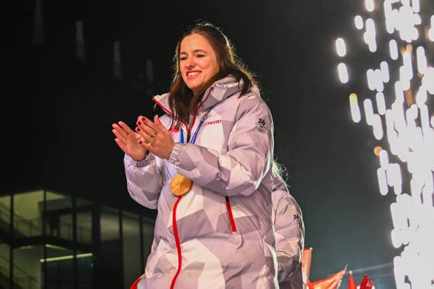 OLYMPICS - Winter Olympic Games, Olympische Spiele, Olympia, OS Milano Cortina 2026 INNSBRUCK,AUSTRIA,23.FEB.26 - OLYMPICS - Winter Olympic Games Milano Cortina 2026, Olympic Team Austria, medal celebration. Image shows Katharina Huber (AUT).  GEPAxpictures xDanielxSchoenherr