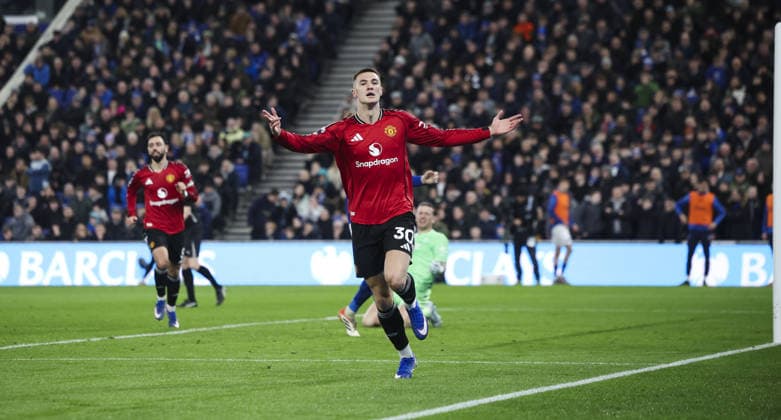 Everton v Manchester Utd, FA Premier League 23.02.26 Everton v Manchester Utd, FA Premier League Bradley Ormesher The Times Benjamin Sesko of Manchester Unitedscores and celebrates scoring his teams opening goal of the match 0-1  Copyright: xBradleyxOrmesherx NINTCHDBPICT001061643092