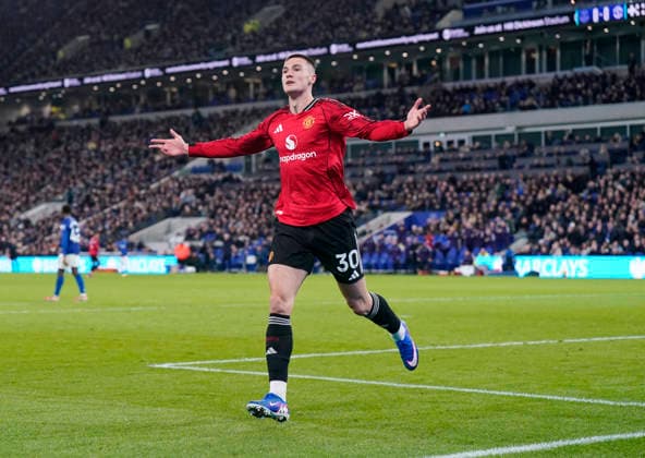 Liverpool, England, 23rd February 2026. Benjamin Sesko of Manchester United, ManU celebrates scoring the first goal during the Everton vs Manchester United Premier League match at Hill Dickinson Stadium, Liverpool. Picture credit should read: Andrew Yates Sportimage EDITORIAL USE ONLY. No use with unauthorised audio, video, data, fixture lists, club league logos or live services. Online in-match use limited to 120 images, no video emulation. No use in betting, games or single club league player publications. SPI_059_AY_Everton_Man_Utd SPI-4547-0059