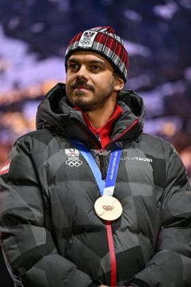OLYMPICS - Winter Olympic Games, Olympische Spiele, Olympia, OS Milano Cortina 2026 INNSBRUCK,AUSTRIA,23.FEB.26 - OLYMPICS - Winter Olympic Games Milano Cortina 2026, Olympic Team Austria, medal celebration. Image shows Jakob Dusek (AUT).  GEPAxpictures xDanielxSchoenherr