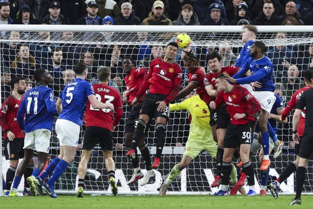 Everton v Manchester Utd, FA Premier League 23.02.26 Everton v Manchester Utd, FA Premier League Bradley Ormesher The Times Casemiro of Manchester United, ManU heads clear  Copyright: xBradleyxOrmesherx NINTCHDBPICT001061645857