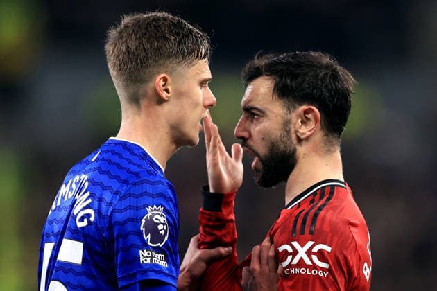Everton v Manchester United, ManU 23 February 2026 - Premier League - Everton v Manchester United - a confrontation between Harrison Armstrong of Everton and Bruno Fernandes of Manchester United - Photo: Simon Stacpoole Offside. Merseyside UK Copyright: xSimonxStacpoolexOffside