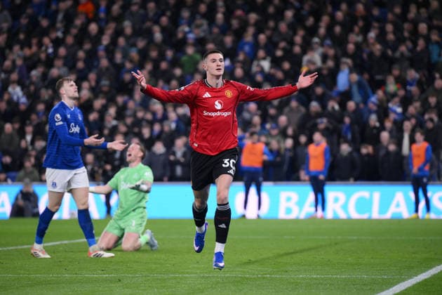Benjamin Sesko of Manchester United, ManU celebrates scoring the first goal - Everton v Manchester United, Premier League, Hill Dickinson Stadium, Liverpool, UK, Football - 23rd February 2026 Everton v Manchester United, Premier League, Football, Hill Dickinson Stadium, Liverpool, UK - 23 Feb 2026Liverpool Hill Dickinson Stadium United Kingdom EDITORIAL USE ONLY No use with unauthorised audio, video, data, fixture lists, club league logos or live services. Online in-match use limited to 120 images, no video emulation. No use in betting, games or single club league player publications. Copyright: xMDI Shutterstockx 16687971av