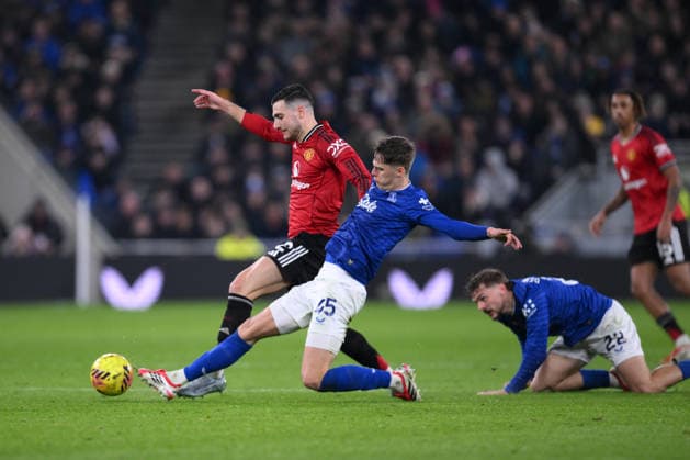 Harrison Armstrong of Everton tackles Diogo Dalot of Manchester United, ManU - Everton v Manchester United, Premier League, Hill Dickinson Stadium, Liverpool, UK, Football - 23rd February 2026 Everton v Manchester United, Premier League, Football, Hill Dickinson Stadium, Liverpool, UK - 23 Feb 2026Liverpool Hill Dickinson Stadium United Kingdom EDITORIAL USE ONLY No use with unauthorised audio, video, data, fixture lists, club league logos or live services. Online in-match use limited to 120 images, no video emulation. No use in betting, games or single club league player publications. Copyright: xMDI Shutterstockx 16687971be