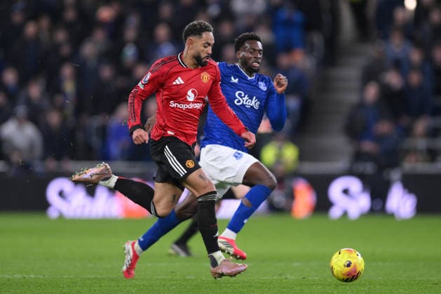 Matheus Cunha of Manchester United, ManU and Tim Iroegbunam of Everton - Everton v Manchester United, Premier League, Hill Dickinson Stadium, Liverpool, UK, Football - 23rd February 2026 Everton v Manchester United, Premier League, Football, Hill Dickinson Stadium, Liverpool, UK - 23 Feb 2026Liverpool Hill Dickinson Stadium United Kingdom EDITORIAL USE ONLY No use with unauthorised audio, video, data, fixture lists, club league logos or live services. Online in-match use limited to 120 images, no video emulation. No use in betting, games or single club league player publications. Copyright: xMDI Shutterstockx 16687971ay