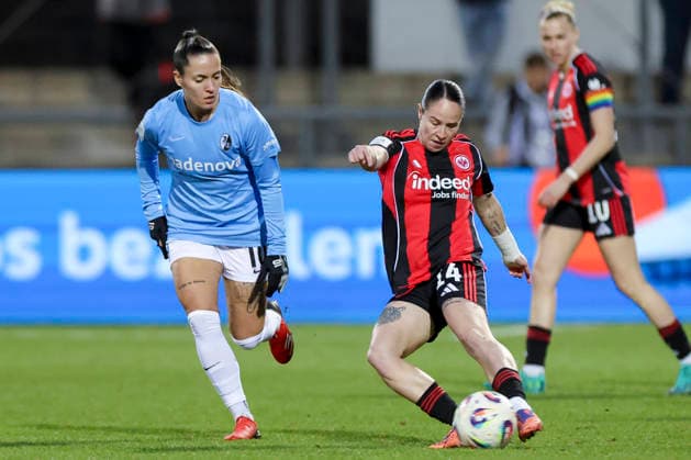 Selina Vobian (SC Freiburg) und Geraldine Reuteler (Eintracht Frankfurt) kaempfen um den Ball, Google Pixel Frauen-Bundesliga, Eintracht Frankfurt v SC Freiburg, Stadion am Brentanobad am 23. February 2026 in Frankfurt, Deutschland. (Foto von Marco Steinbrenner DeFodi Images) Selina Vobian (SC Freiburg) und Geraldine Reuteler (Eintracht Frankfurt) battle for the ball, Google Pixel Frauen-Bundesliga, Eintracht Frankfurt v SC Freiburg, Stadion am Brentanobad, February 23, 2026 in Frankfurt, Germany. (Photo by Marco Steinbrenner DeFodi Images) DFB DFL REGULATIONS PROHIBIT ANY USE OF PHOTOGRAPHS AS IMAGE SEQUENCES AND OR QUASI-VIDEO. -