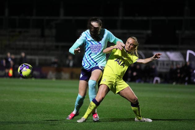 Isobel Goodwin of London City Lionesses has her shot blocked by Molly Bartrip of Tottenham Hotspur Women during the Women s FA Cup match between London City Lionesses and Tottenham Hotspur Women at Hayes Lane, Bromley, England on 23 February 2026. Copyright: xJoshuaxSmithx 44300104