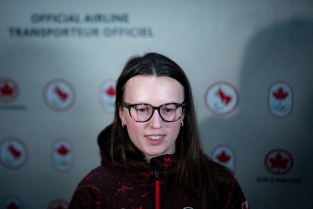 February 23, 2026, Richmond, Bc, CANADA: Canadian Luge athlete Trinity Ellis speaks to reporters after arriving at the Vancouver International Airport after competing at the Milan Cortina Olympic Winter games, Winterspiele,Spiele, Summer games in Richmond, B.C., on Monday, Feb. 23, 2026. Canada News - February 23, 2026  - ZUMAc35_ 20260223_zaf_c35_121 Copyright: xEthanxCairnsx