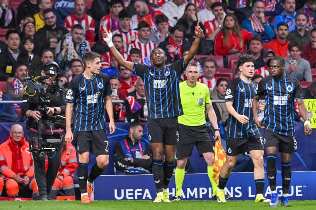 February 24, 2026, Madrid, Madrid, Spain: JOEL ORDONEZ of Club Brujas KV celebrates a goal during the Champions League match, second leg of the Play-Off between ATLo°TICO DE MADRID and CLUB BRUJAS KV, held on February 24, 2026, at the Riad Air Metropolitano, Madrid, Spain. ATLETICO DE MADRID Vs CLUB BRUJAS KV Champions League Match, Season 25 26 (02 24 26) - ZUMAc312 20260224_zsp_c312_046 Copyright: xOscarxManuelxSanchezx