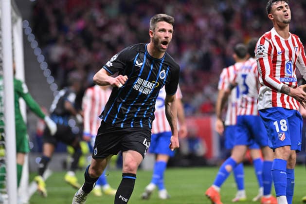 February 24, 2026, Madrid, Madrid, Spain: BRANDON MECHELE of Club Brujas KV celebrates a goal during the Champions League match, second leg of the Play-Off between ATLo°TICO DE MADRID and CLUB BRUJAS KV, held on February 24, 2026, at the Riad Air Metropolitano, Madrid, Spain. ATLETICO DE MADRID Vs CLUB BRUJAS KV Champions League Match, Season 25 26 (02 24 26) - ZUMAc312 20260224_zsp_c312_056 Copyright: xOscarxManuelxSanchezx
