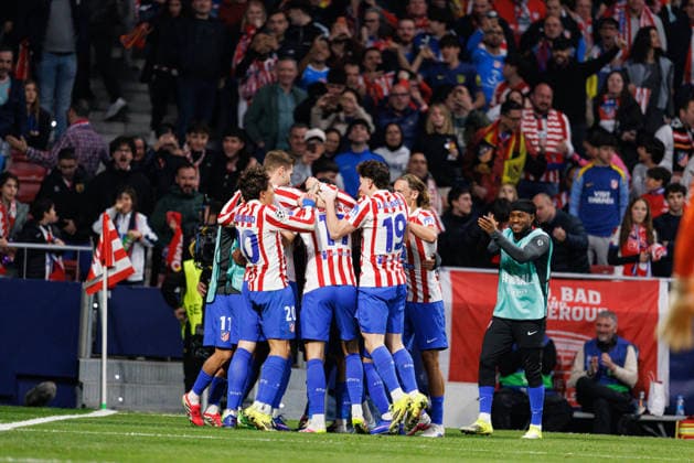 Players of Atletico seen celebrating after goal from Johnny Cardoso during UEFA Champions League knock out phase game between Atletico de Madrid and Club Brugge KV (Maciej Rogowski Ball Raw Images) Madrid Riyadh Air Metropolitano Spain Copyright: xMaciejxRogowskix maciejrogowski_atletico_clubbrugge_2526-25