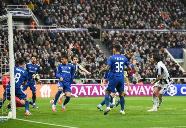 Sandro Tonali of Newcastle United scores their first goal Newcastle United v Qarabag, UEFA Champions League, Knockout Round Play-Offs, Second Leg, Football, St James Park, Newcastle, UK - 24 Feb 2026Newcastle St James Park Azerbaijan EDITORIAL USE ONLY No use with unauthorised audio, video, data, fixture lists, club league logos or live services. Online in-match use limited to 120 images, no video emulation. No use in betting, games or single club league player publications. Copyright: xRichardxLee Shutterstockx 16693044aj