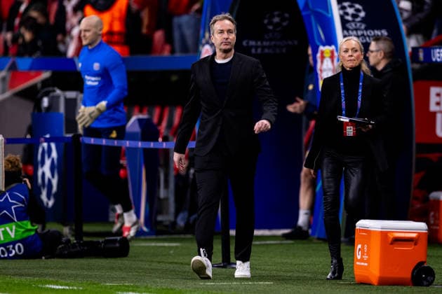 LEVERKUSEN, GERMANY - FEBRUARY 24: Bayer 04 Leverkusen head coach Kasper Hjulmand looks on prior to the UEFA Champions League 2025 26 League Knockout Play-off Second Leg match between Bayer 04 Leverkusen and Olympiacos FC at BayArena on February 24, 2026 in Leverkusen, Germany. (Photo by Rene Nijhuis) SPO  Copyright: xRenexNijhuis