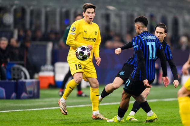 260224 Sondre Brunstad Fet of Bodo Glimt during the UEFA Champions League football match between Inter and Bodo Glimt on February 24, 2026 in Milan. Photo: Marius Simensen BILDBYRAN COP 238 MM0057 bbeng football fotball fotboll soccer uefa champions league mesterligaen bodo glimt inter fc internazionale milano Copyright: MARIUSxSIMENSEN BB260224BB361