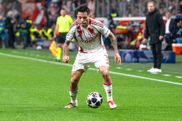UEFA Champions League 2025 2026 Bayer 04 Leverkusen vs. Olympiakos Piräus, Play-Offs Rückrunde, Dienstag, 23.02.2026 BayArena (Nordrhein-Westfalen, Deutschland) Francisco Ortega (Olympiakos Piräus, 3) Copyright: xCelinaxLeiersx
