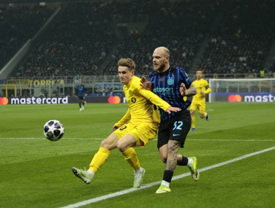 CALCIO - UEFA Champions League - Inter - FC Internazionale vs FK Bodo Glimt Federico Di Marco of FC Inter and Jens Petter Hauge of FK Bodo Glimt during the Uefa Champions League, second leg play-off, season 2025 2026, football match between, FC Internazionale Milano v Fotballklubben Bodo Glimt on 24 February 2026 at â?? Giuseppe Meazza Stadium, San Siro, Milan, Italy Photo Nderim Kaceli Milan Italy  Copyright: xIPAxSport ABACAx