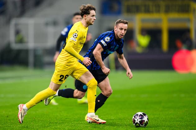 260224 Hakon Evjen of Bodo Glimt during the UEFA Champions League football match between Inter and Bodo Glimt on February 24, 2026 in Milan. Photo: Marius Simensen BILDBYRAN COP 238 MM0057 bbeng football fotball fotboll soccer uefa champions league mesterligaen bodo glimt inter fc internazionale milano Copyright: MARIUSxSIMENSEN BB260224BB399