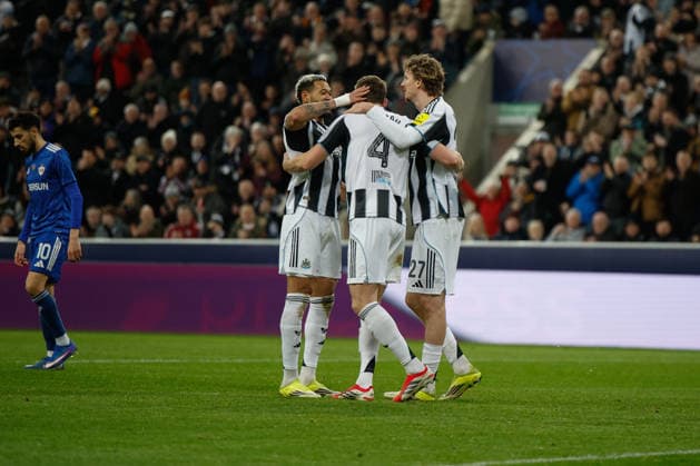 Newcastle United v FK QARABAG, Champions League Sven Botman of Newcastle United celebrates scoring his sides third goal of the match 3-1 during the Champions League match between Newcastle United and FK QARABAG at St. James s Park, Newcastle, UK on 24 February 2026. Newcastle St. James s Park Tyne and Wear UK Editorial use only , Copyright: xCraigxCowanx PSI-23795-0079