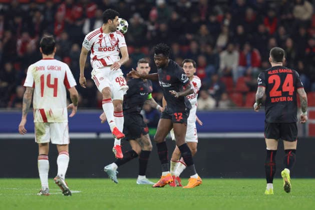 Mehdi Taremi (Olympiacos FC) und Edmond Tapsoba (Bayer 04 Leverkusen) battle for the ball during the UEFA Champions League 2025 26 League Knockout Play-off Second Leg match between Bayer 04 Leverkusen and Olympiacos FC at BayArena on February 24, 2026 in Leverkusen, Germany. (Photo by Oliver Kaelke DeFodi Images) -
