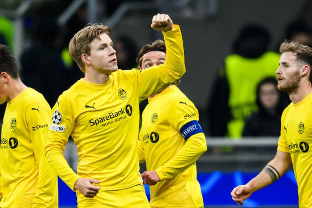 260224 Jens Petter Hauge of Bodo Glimt celebrates after 0-1 during the UEFA Champions League football match between Inter and Bodo Glimt on February 24, 2026 in Milan. Photo: Marius Simensen BILDBYRAN COP 238 MM0057 bbeng football fotball fotboll soccer uefa champions league mesterligaen bodo glimt inter fc internazionale milano jubel Copyright: MARIUSxSIMENSEN BB260224BB454