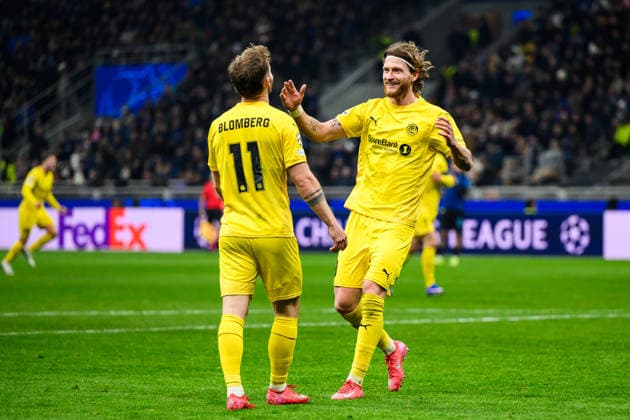 260224 Ole Didrik Blomberg and Kasper Hogh of Bodo Glimt celebrate after 0-1 during the UEFA Champions League football match between Inter and Bodo Glimt on February 24, 2026 in Milan. Photo: Marius Simensen BILDBYRAN COP 238 MM0057 bbeng football fotball fotboll soccer uefa champions league mesterligaen bodo glimt inter fc internazionale milano jubel Copyright: MARIUSxSIMENSEN BB260224BB458