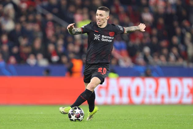 Alejandro Grimaldo (Bayer 04 Leverkusen) controls the ball during the UEFA Champions League 2025 26 League Knockout Play-off Second Leg match between Bayer 04 Leverkusen and Olympiacos FC at BayArena on February 24, 2026 in Leverkusen, Germany. (Photo by Oliver Kaelke DeFodi Images) -
