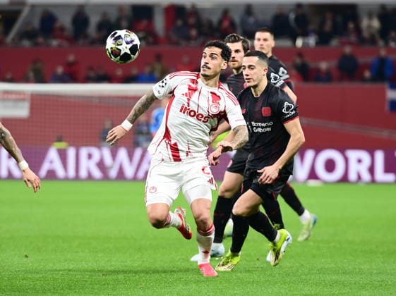 UEFA Champions League - Bayer 04 Leverkusen vs Olympiacos FC - Chiquinho of Olympiacos FC in action againstLucas Vazquez of Bayer 04 Leverkusen during the UEFA Champions League Play-Offs 2nd leg soccer match between Bayer 04 Leverkusen and Olympiacos FC in BayArena, Leverkusen, Germany, on 24 February 2026. IMAGO ONE INCH PRODUCTIONS LEVERKUSEN GERMANY Copyright: xONExINCHxPRODUCTIONSx 6868424