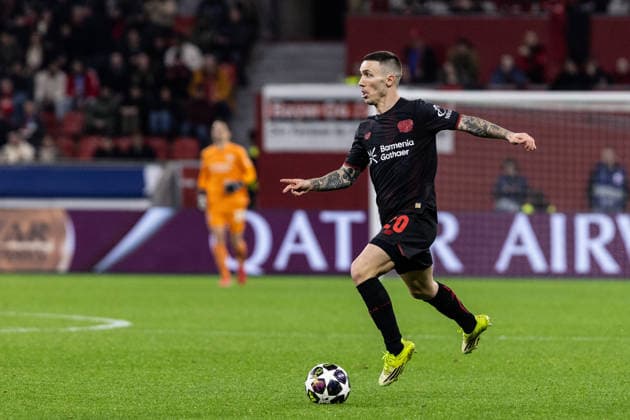 UEFA Champions League: Bayer 04 Leverkusen - Olympiacos FC; 24.02.2026 Alejandro Grimaldo (Bayer 04 Leverkusen, 20) UEFA Champions League: Bayer 04 Leverkusen - Olympiacos FC; BayArena, Leverkusen; 24.02.2026 Copyright: xBEAUTIFULxSPORTS Buriakovx