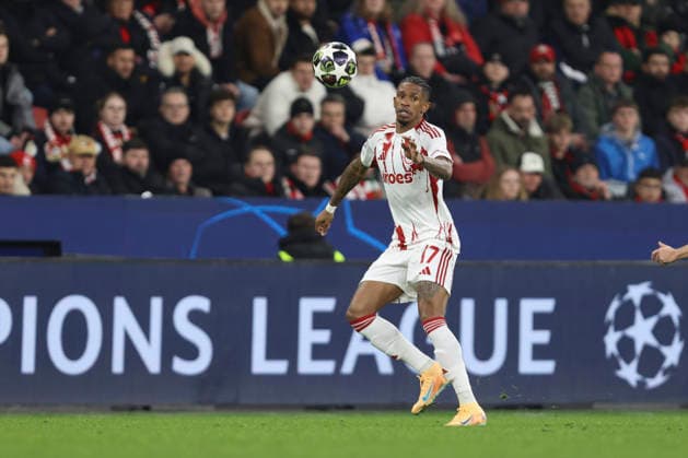 AndrÃ Luiz (Olympiacos FC) controls the ball during the UEFA Champions League 2025 26 League Knockout Play-off Second Leg match between Bayer 04 Leverkusen and Olympiacos FC at BayArena on February 24, 2026 in Leverkusen, Germany. (Photo by Oliver Kaelke DeFodi Images) -
