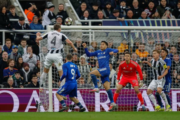 Newcastle United v FK QARABAG, Champions League Sven Botman of Newcastle United wins a header during the Champions League match between Newcastle United and FK QARABAG at St. James s Park, Newcastle, UK on 24 February 2026. Newcastle St. James s Park Tyne and Wear UK Editorial use only , Copyright: xCraigxCowanx PSI-23795-0085