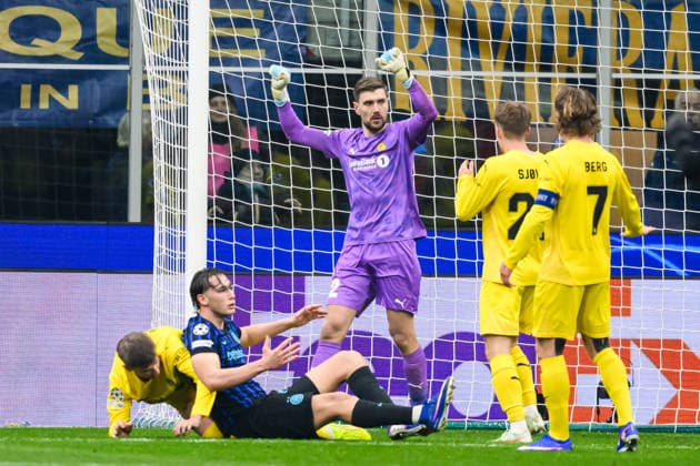 260224 Goalkeeper Nikita Haikin of Bodo Glimt during the UEFA Champions League football match between Inter and Bodo Glimt on February 24, 2026 in Milan. Photo: Marius Simensen BILDBYRAN COP 238 MM0057 bbeng football fotball fotboll soccer uefa champions league mesterligaen bodo glimt inter fc internazionale milano Copyright: MARIUSxSIMENSEN BB260224BB523