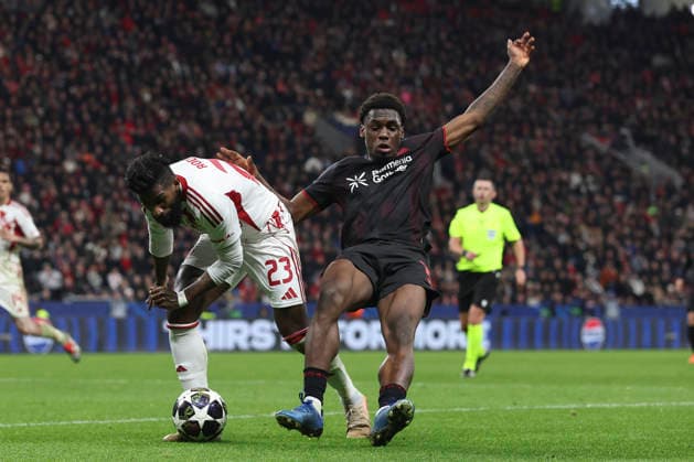 Rodinei (Olympiacos FC) und Ernest Poku (Bayer 04 Leverkusen) battle for the ball during the UEFA Champions League 2025 26 League Knockout Play-off Second Leg match between Bayer 04 Leverkusen and Olympiacos FC at BayArena on February 24, 2026 in Leverkusen, Germany. (Photo by Oliver Kaelke DeFodi Images) -