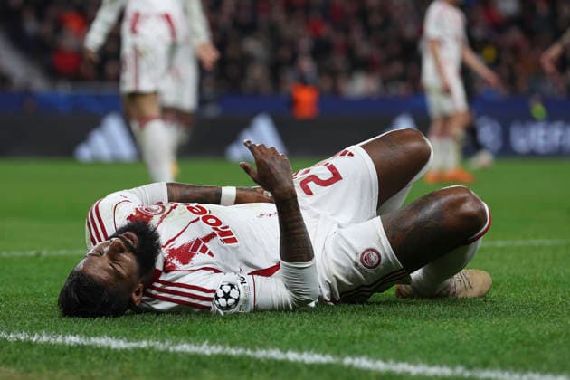 Rodinei (Olympiacos FC) injured on the ground during the UEFA Champions League 2025 26 League Knockout Play-off Second Leg match between Bayer 04 Leverkusen and Olympiacos FC at BayArena on February 24, 2026 in Leverkusen, Germany. (Photo by Oliver Kaelke DeFodi Images) -