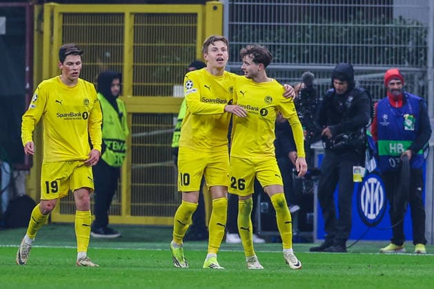 FC Internazionale vs FK Bodo Glimt - UEFA Champions League 2025 26 League Knockout Play-off Second Leg - 24 02 2026 Hakon Evjen of FK Bodo Glimt celebrates with his team mates after scoring a goal during UEFA Champions League 2025 26 League Knockout Play-off Second Leg football match between FC Internazionale and FK Bodo Glimt at San Siro Stadium in Milan Copyright: xBEAUTIFULxSPORTS Carabellix