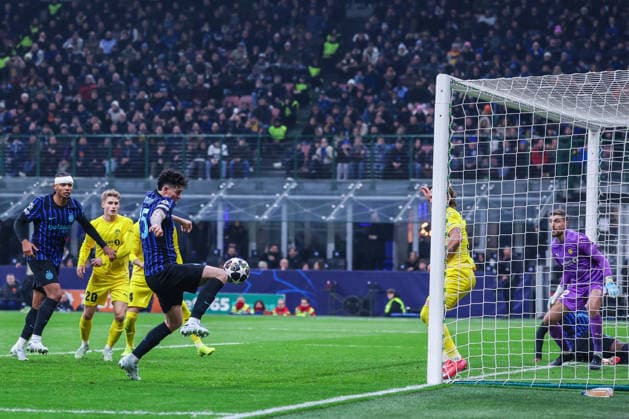 FC Internazionale vs FK Bodo Glimt - UEFA Champions League 2025 26 League Knockout Play-off Second Leg - 24 02 2026 Alessandro Bastoni of FC Internazionale scores a goal during UEFA Champions League 2025 26 League Knockout Play-off Second Leg football match between FC Internazionale and FK Bodo Glimt at San Siro Stadium in Milan Copyright: xBEAUTIFULxSPORTS Carabellix