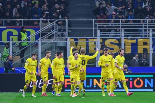 Jens Petter Hauge of FK Bodo Glimt celebrates with his team mates after scoring a goal during UEFA Champions League 2025 26 League Knockout Play-off Second Leg football match between FC Internazionale and FK Bodo Glimt at San Siro Stadium in Milan  Copyright: xFabrizioxCarabelli IPAxSportx xipa-agency.netx xx IPA_71980008 IPA_Agency_IPA71980008