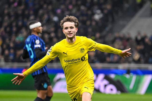 Hakon Evjen (FK Bodo Glimt) celebrates after scoring his team s second goal during the UEFA Champions League 2025 26 League Knockout Play-off Second Leg match between FC Internazionale Milano and FK Bodo Glimt at Stadio San Siro on February 24, 2026 in Milan, Italy. (Photo by Harry Langer DeFodi Images) -