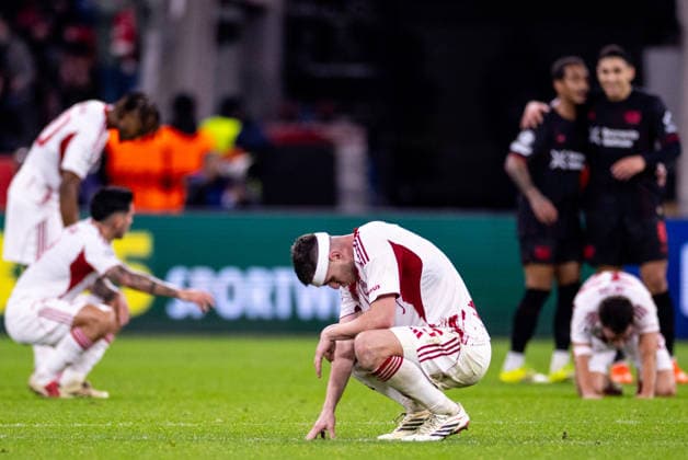 LEVERKUSEN, GERMANY - FEBRUARY 24: Lorenzo Pirola of Olympiacos FC looks dejected after the UEFA Champions League 2025 26 League Knockout Play-off Second Leg match between Bayer 04 Leverkusen and Olympiacos FC at BayArena on February 24, 2026 in Leverkusen, Germany. (Photo by Rene Nijhuis) SPO  Copyright: xRenexNijhuis