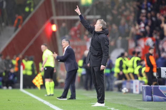 Trainer Kasper Hjulmand (Bayer 04 Leverkusen) gestures during the UEFA Champions League 2025 26 League Knockout Play-off Second Leg match between Bayer 04 Leverkusen and Olympiacos FC at BayArena on February 24, 2026 in Leverkusen, Germany. (Photo by Oliver Kaelke DeFodi Images) -