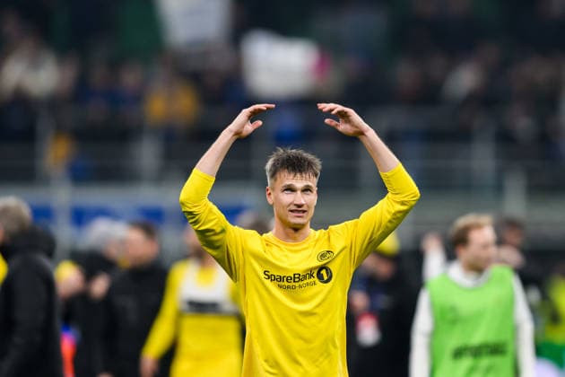 260224 Odin Bjortuft of Bodo Glimt celebrates after the UEFA Champions League football match between Inter and Bodo Glimt on February 24, 2026 in Milan. Photo: Marius Simensen BILDBYRAN COP 238 MM0057 bbeng football fotball fotboll soccer uefa champions league mesterligaen bodo glimt inter fc internazionale milano jubel Copyright: MARIUSxSIMENSEN BB260224BB569