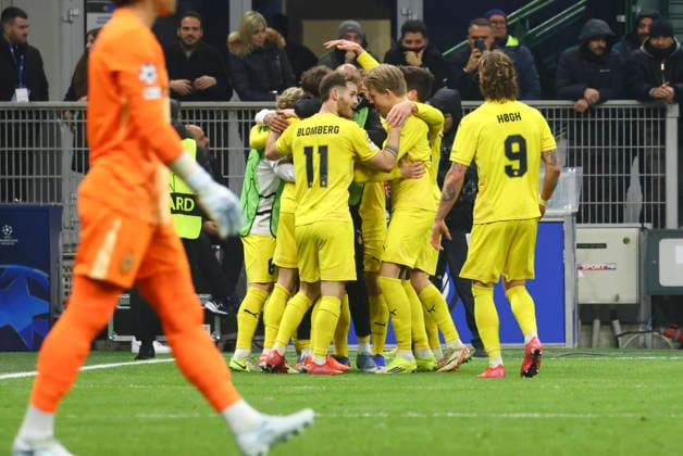 FC Internazionale Milano v FK Bodo Glimt - UEFA Champions League 2025 26 League Knockout Play-off Second Leg Hakon Evjen, Ole Didrik Blomberg, and Kasper Hogh celebrate the goal during the UEFA Champions League 2025 26 League Knockout Play-off Second Leg match between FC Internazionale Milano and FK Bodo Glimt in Milano, Italy, on February 24, 2026, at Giuseppe Meazza stadium Milano Milano Italy  Copyright: xMairoxCinquettix originalFilename:cinquetti-fcintern260224_npjV4.jpg